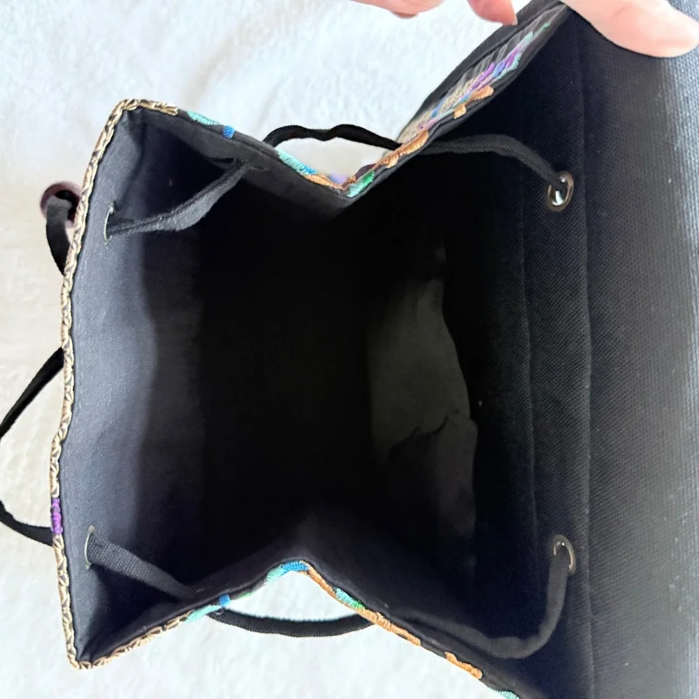 VTG Bohemian Floral Embroidered Canvas Backpack Black Blue Purple Folk Art‎ Bag